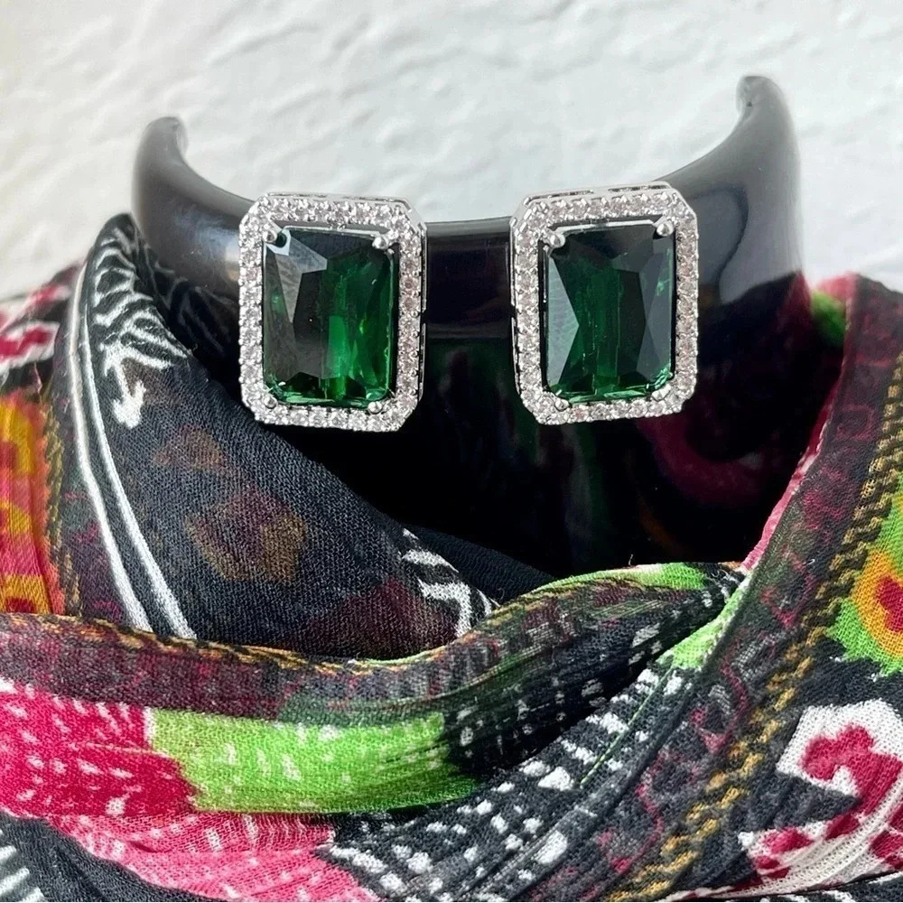 Emarald Green Earrings Modern & Korean Style Square Copper Zircon Rhodium Plated